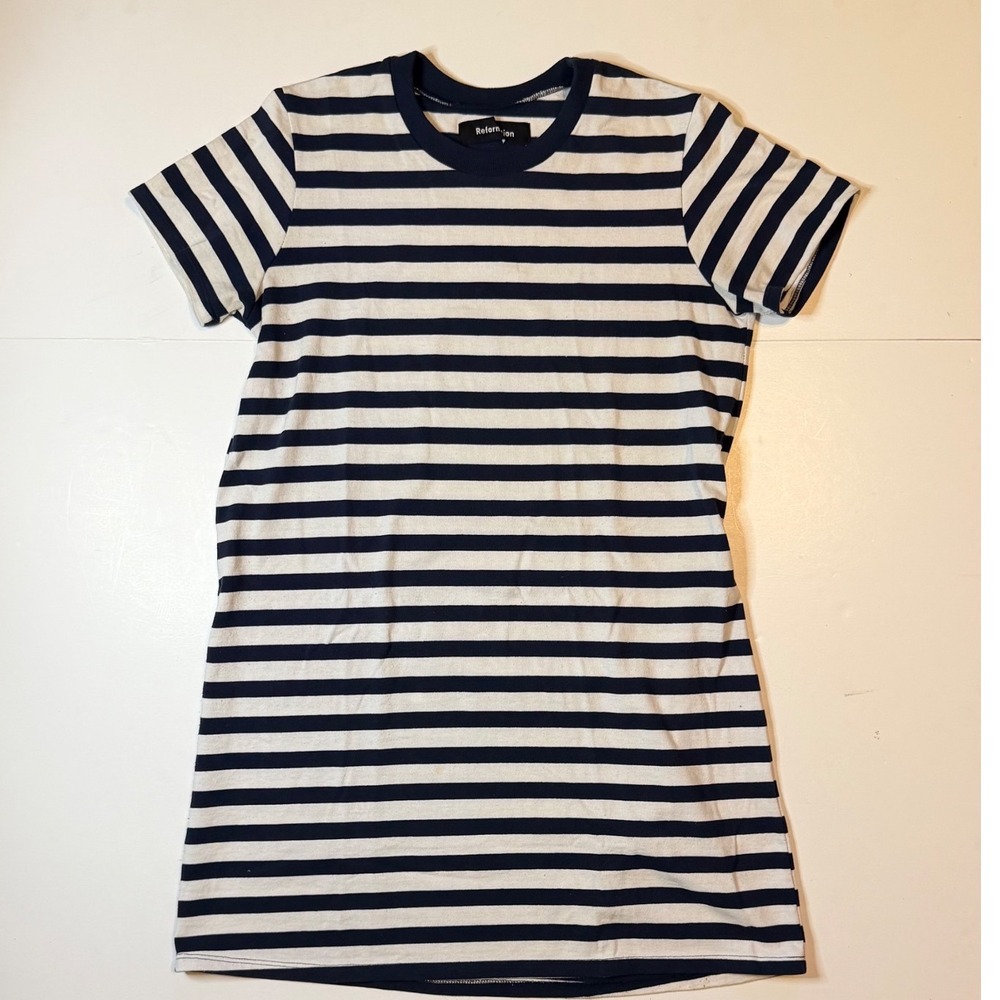 Reformation T-Shirt Dress Womens XS Navy White Striped Recycled Cotton Mini